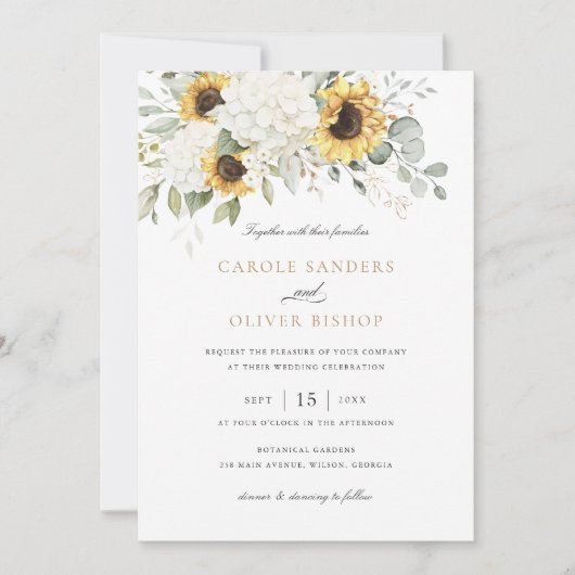 Bloemige Elegante Zonnebloemen Witte Hortensia Bru Kaart (Voorkant)