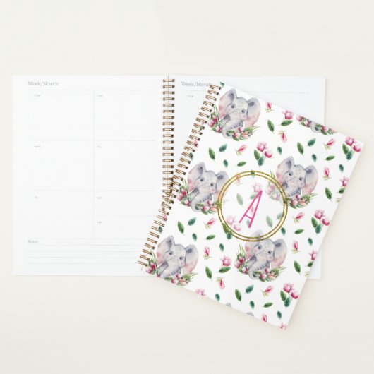 Bloemige ELEPHANT Monogram Meisje Roze Slaapkamer  Planner (Display)