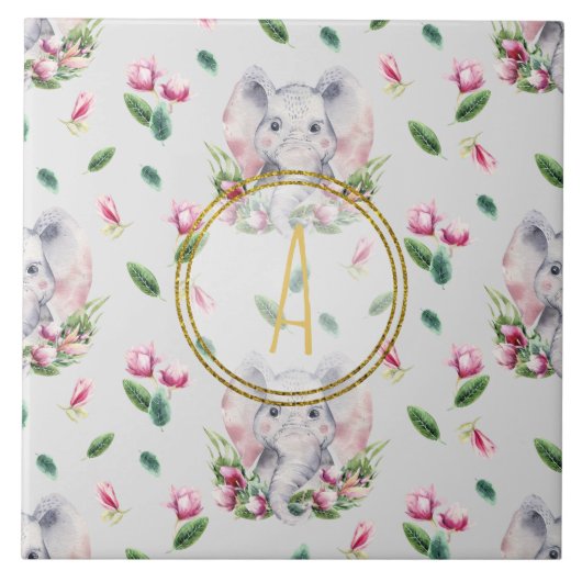 Bloemige ELEPHANT Monogram Meisje Roze Slaapkamer  Tegeltje (Voorkant)