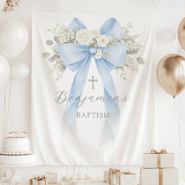 Bloemige Eucalyptus Blauwe Strik Baby Jongen Doop Wandkleed