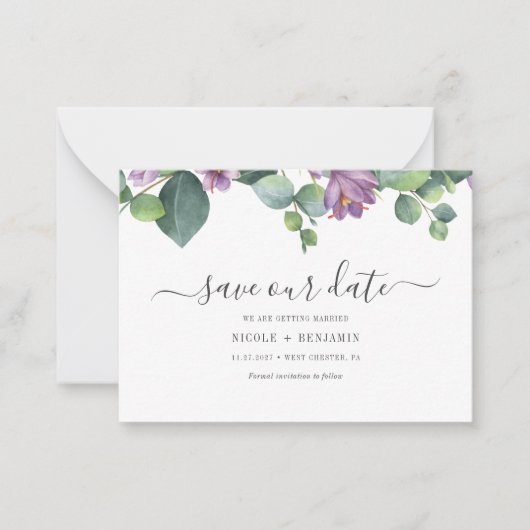 Bloemige Eucalyptus Script Groenery Bewaar De Datu Notitiekaartje (Voorkant)