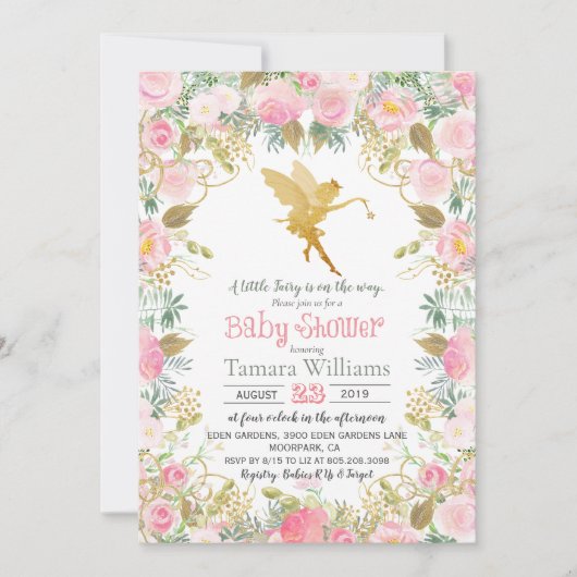 Bloemige fee baby shower uitnodiging (Voorkant)