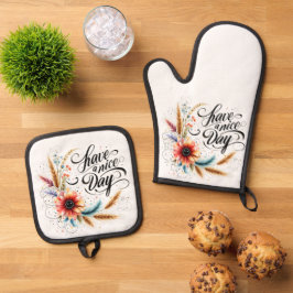 Bloemige fijne dag ovenwant & pannenlap set