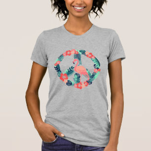 Bloemige Flamingo Vredesteken Cute Roze T-Shirt