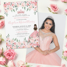 Bloemige Foto Blush Roze Quinceanera