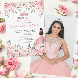 Bloemige Foto Blush Roze Quinceanera Kaart
