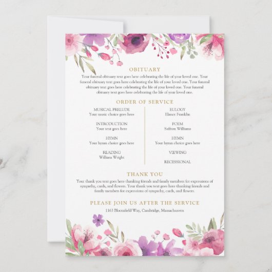 Bloemige foto rouwservice programmaboekje kaart (Achterkant)