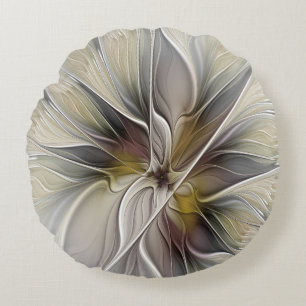 Bloemige Fractal, Fantasie Bloem met Aardetinten Rond Kussen