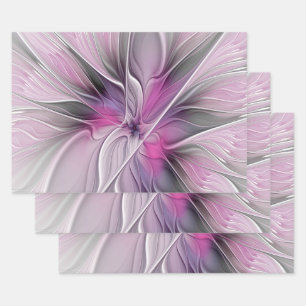 Bloemige Fractal Moderne Abstracte Bloem Roze Grij Inpakpapier Vel