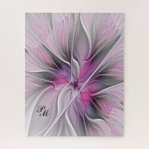 Bloemige Fractale Abstracte Bloem Roze Grijs Initi Legpuzzel