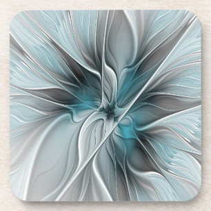Bloemige Fractale Moderne Abstracte Bloem Blauw Gr Bier Onderzetter