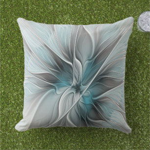 Bloemige Fractale Moderne Abstracte Bloem Blauw Gr Buitenkussen