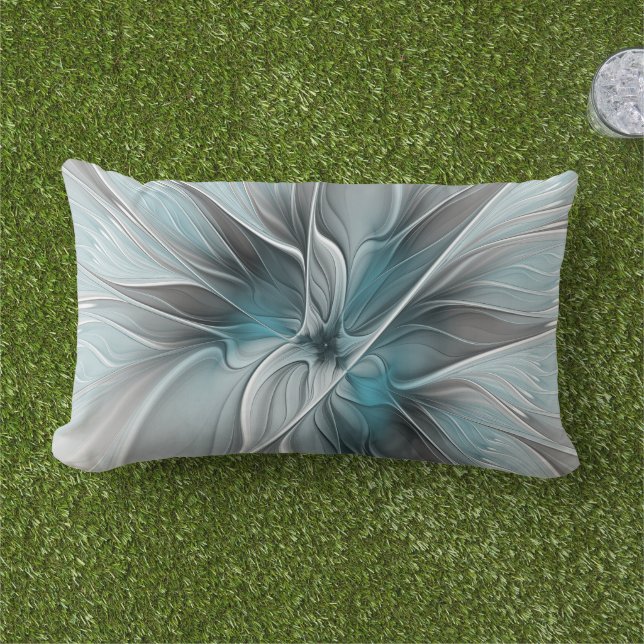 Bloemige Fractale Moderne Abstracte Bloem Blauw Gr Buitenkussen (Gras)