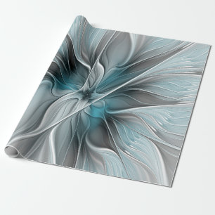 Bloemige Fractale Moderne Abstracte Bloem Blauw Gr Cadeaupapier