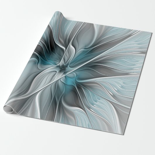 Bloemige Fractale Moderne Abstracte Bloem Blauw Gr Cadeaupapier (Uitgerold)