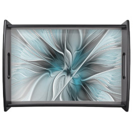 Bloemige Fractale Moderne Abstracte Bloem Blauw Gr Dienblad
