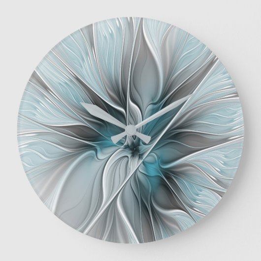 Bloemige Fractale Moderne Abstracte Bloem Blauw Gr Grote Klok (Voorkant)