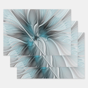 Bloemige Fractale Moderne Abstracte Bloem Blauw Gr Inpakpapier Vel