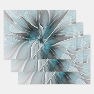 Bloemige Fractale Moderne Abstracte Bloem Blauw Gr Inpakpapier Vel