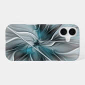 Bloemige Fractale Moderne Abstracte Bloem Blauw Gr iPhone 16 Hoesje (Achterkant horizontaal)