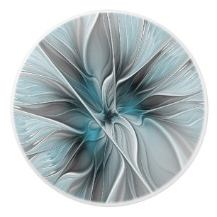 Bloemige Fractale Moderne Abstracte Bloem Blauw Gr Keramische Knop