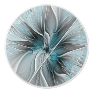 Bloemige Fractale Moderne Abstracte Bloem Blauw Gr Keramische Knop