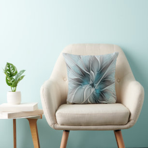 Bloemige Fractale Moderne Abstracte Bloem Blauw Gr Kussen