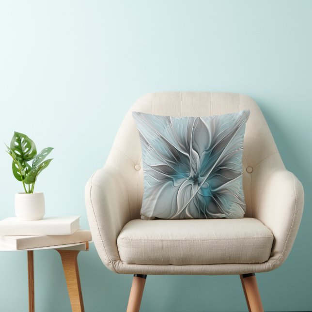 Bloemige Fractale Moderne Abstracte Bloem Blauw Gr Kussen (Stoel)