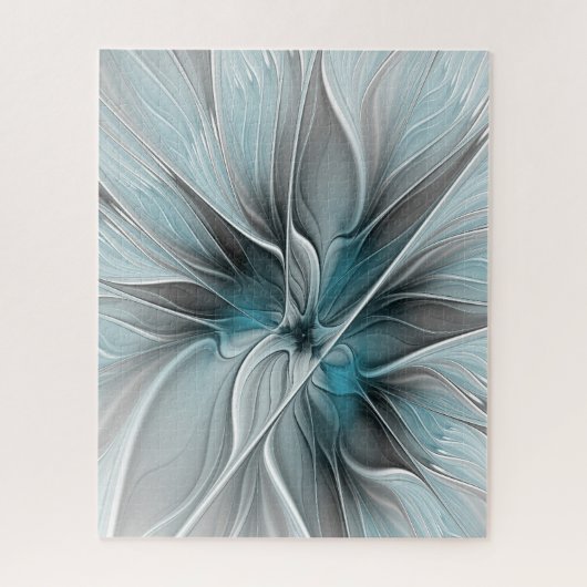 Bloemige Fractale Moderne Abstracte Bloem Blauw Gr Legpuzzel (Verticaal)