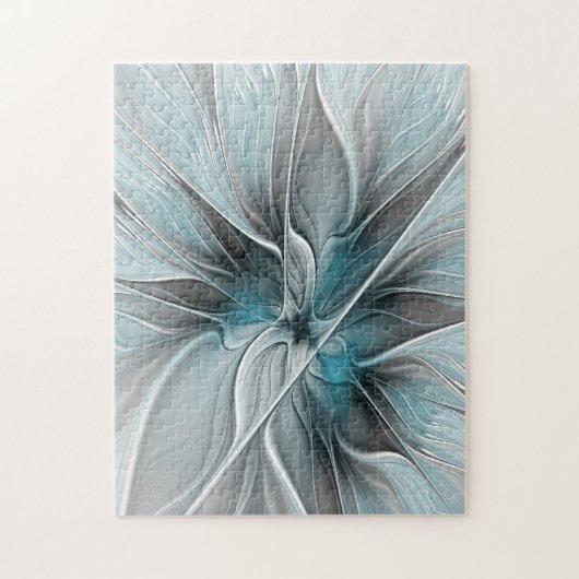 Bloemige Fractale Moderne Abstracte Bloem Blauw Gr Legpuzzel (Verticaal)