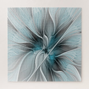 Bloemige Fractale Moderne Abstracte Bloem Blauw Gr Legpuzzel