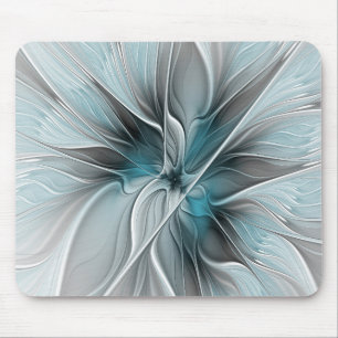 Bloemige Fractale Moderne Abstracte Bloem Blauw Gr Muismat