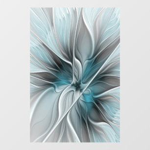 Bloemige Fractale Moderne Abstracte Bloem Blauw Gr Raamsticker