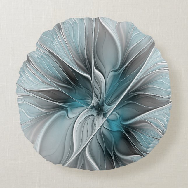 Bloemige Fractale Moderne Abstracte Bloem Blauw Gr Rond Kussen (Voorkant)