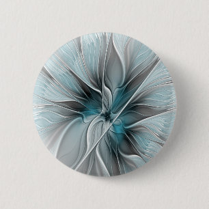 Bloemige Fractale Moderne Abstracte Bloem Blauw Gr Ronde Button 5,7 Cm