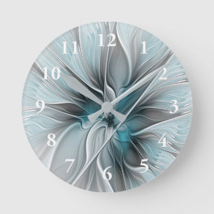Bloemige Fractale Moderne Abstracte Bloem Blauw Gr Ronde Klok