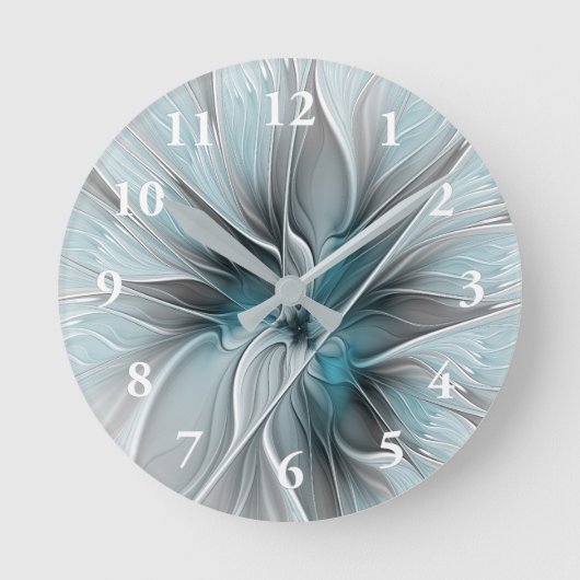 Bloemige Fractale Moderne Abstracte Bloem Blauw Gr Ronde Klok (Voorkant)