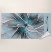 Bloemige Fractale Moderne Abstracte Bloem Blauw Gr Strandlaken (Voorkant)