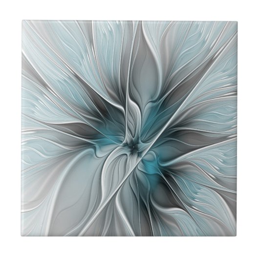 Bloemige Fractale Moderne Abstracte Bloem Blauw Gr Tegeltje (Voorkant)