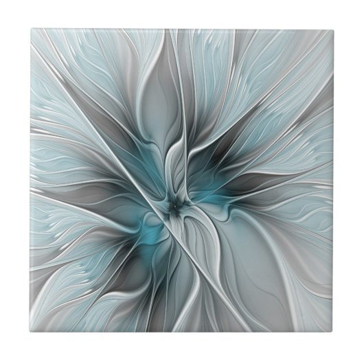 Bloemige Fractale Moderne Abstracte Bloem Blauw Gr Tegeltje (Voorkant)