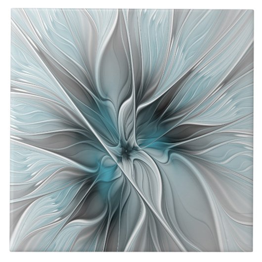 Bloemige Fractale Moderne Abstracte Bloem Blauw Gr Tegeltje (Voorkant)