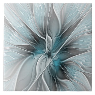 Bloemige Fractale Moderne Abstracte Bloem Blauw Gr Tegeltje