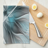 Bloemige Fractale Moderne Abstracte Bloem Blauw Gr Theedoek (Quarter Fold)