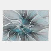 Bloemige Fractale Moderne Abstracte Bloem Blauw Gr Theedoek (Horizontaal)