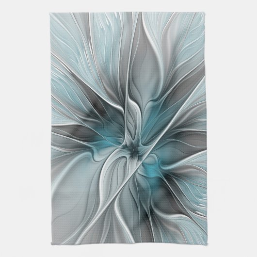 Bloemige Fractale Moderne Abstracte Bloem Blauw Gr Theedoek (Verticaal)
