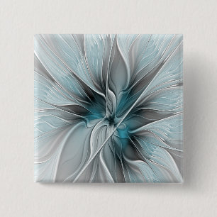 Bloemige Fractale Moderne Abstracte Bloem Blauw Gr Vierkante Button 5,1 Cm