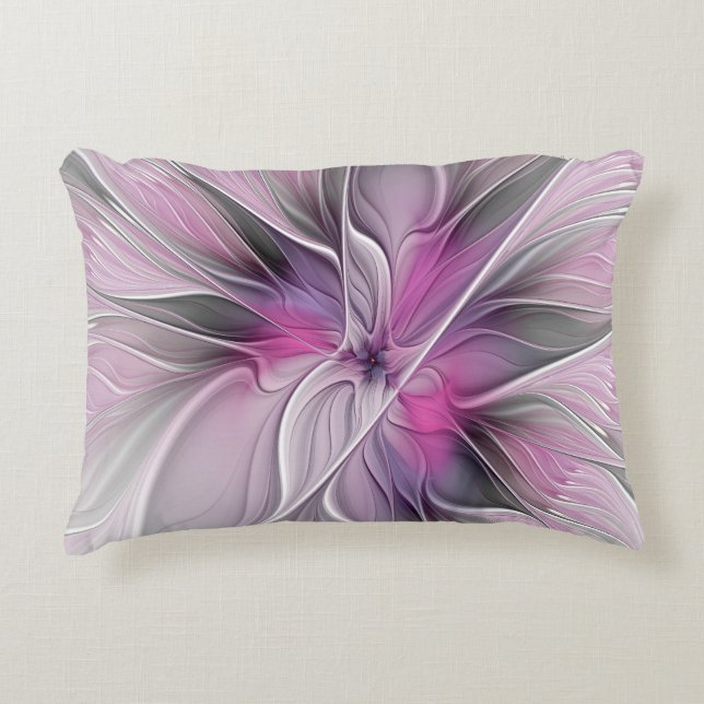 Bloemige Fractale Moderne Abstracte Bloem Roze Gri Accent Kussen (Voorkant)