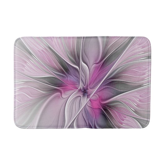 Bloemige Fractale Moderne Abstracte Bloem Roze Gri Badmat (Voorkant)