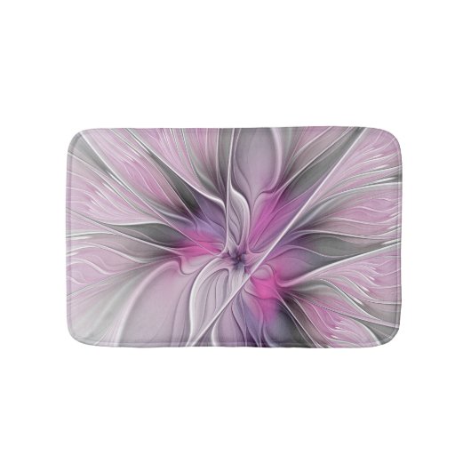Bloemige Fractale Moderne Abstracte Bloem Roze Gri Badmat (Voorkant)
