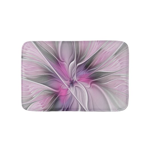 Bloemige Fractale Moderne Abstracte Bloem Roze Gri Badmat (Voorkant)